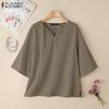 ZANZEA Women V-Neck Loose Casual 3/4 Sleeve Cotton Blouse