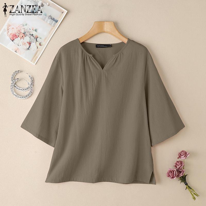 ZANZEA Women V-Neck Loose Casual 3/4 Sleeve Cotton Blouse
