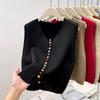 Mode Elegant Locker Ärmellos Gestrickte Strickjacke Pullover Weste Damen 2025 Herbst Winter Lässig Knöpfe Weste Einfarbig Tops Kleidung