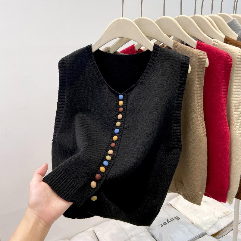Fashion Elegant Loose Sleeveless Knitted Cardigan Sweater Vest Women 2025 Autumn Winter Casual Buttons Waistcoat Simple Solid Color Tops Clothing