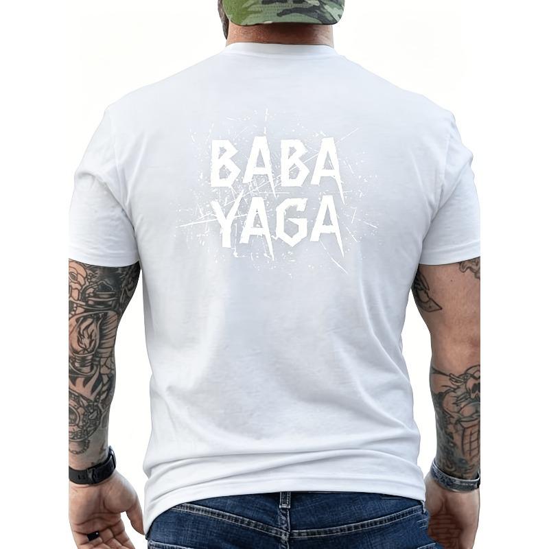 European Sizes Men'S Babayaga Back Printed T-Shirt, Action Movie Pattern Tee, Folk Legend Design, Eye-Catching White Letters And Vintage Fonts