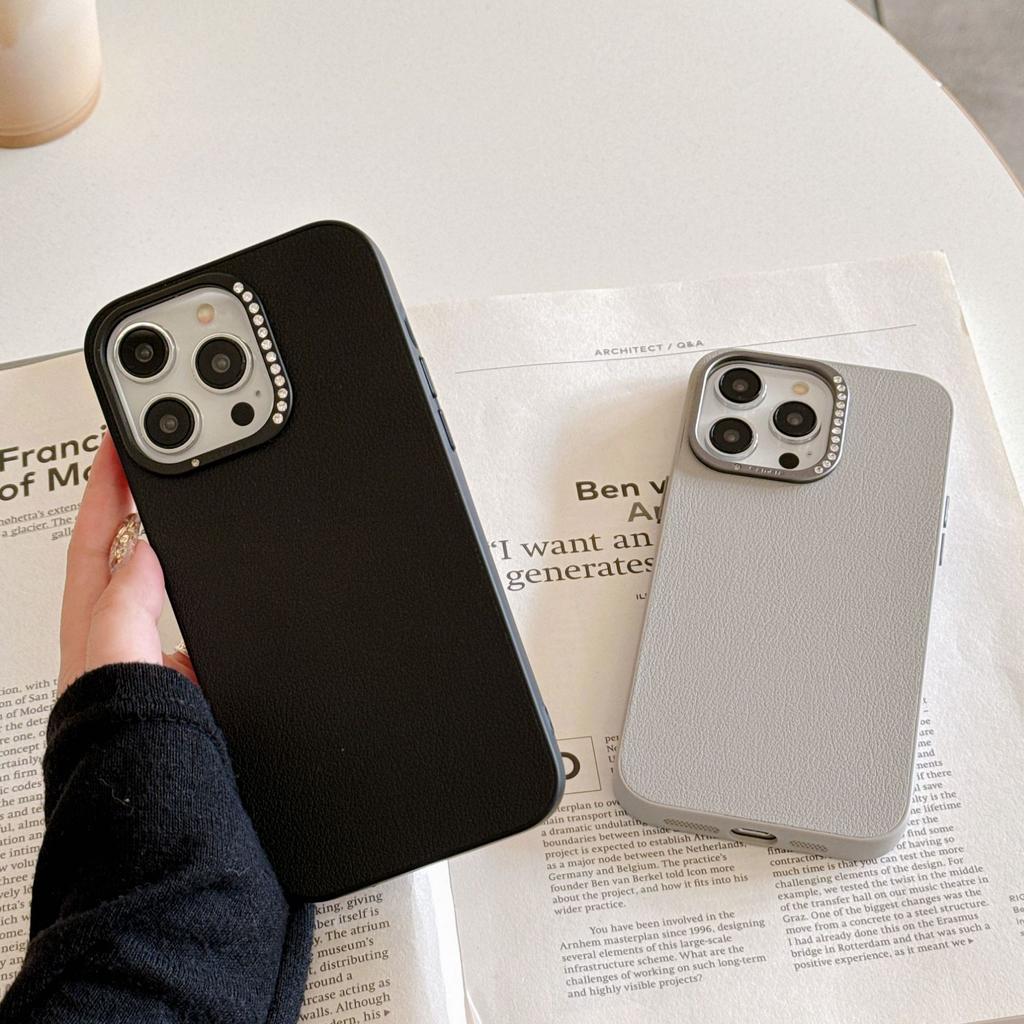 Suitable for IPhone16promax, Plain Leather Phone Case, Apple 15, Metal Diamond Lens Ring