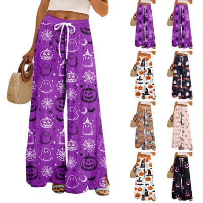Women Summer Boho Palazzo Pants High Waist Wide Leg Halloween Printing Casual Trousers With Pockets