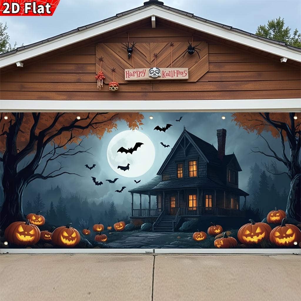 2D Plane, 1 Halloween Garage Banner - a Terrifying House with Windows and Pumpkins, Featuring a Full Moon and Bats Design