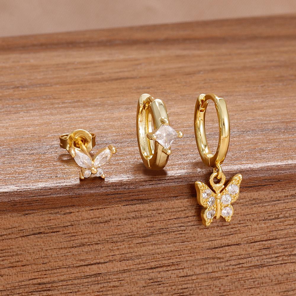 3PCS Korean Stainless Steel Butterfly Crystal Zirconia Round Hoop Earrings Set For Women Gold Plated Fashion Jewelry Gift Aretes