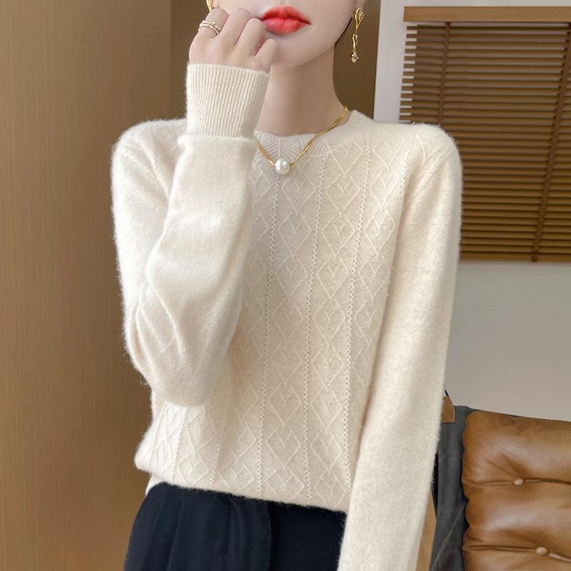 Stylish Women's Half-High Neck Hollow Out Wool Sweater - Long Sleeve Autumn/Winter 2024 Knitwear