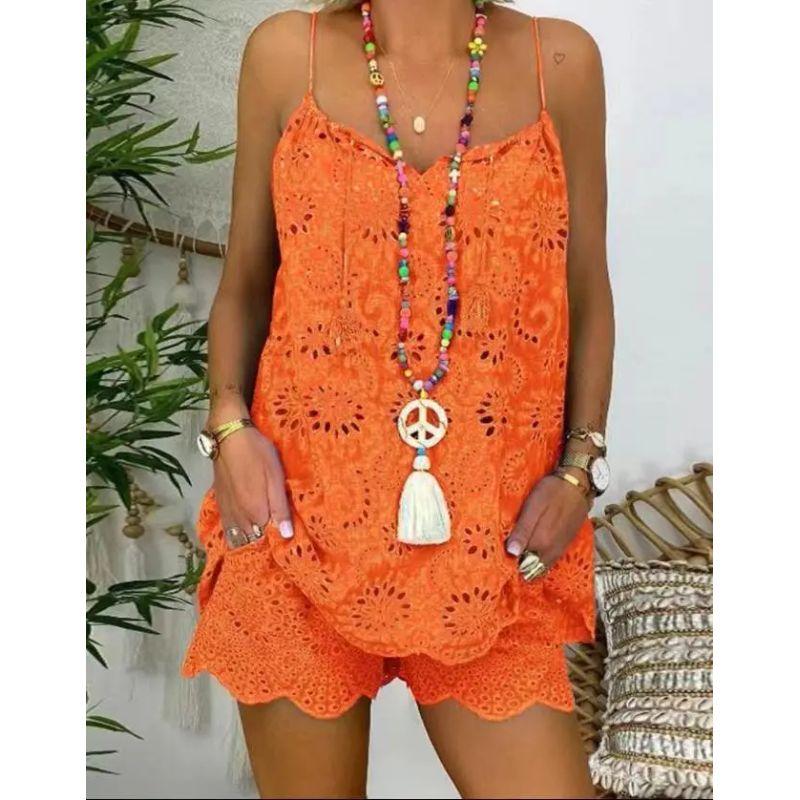 

Summer Fashion Frill Hollow out Cami Shorts Set Strap Vest Shorts Set Orange Red S