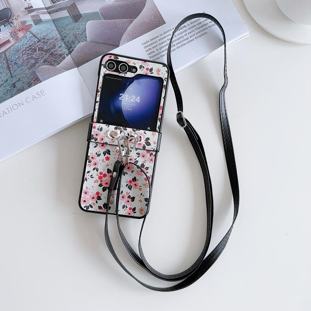 For Samsung Galaxy Z Flip7 FE 5G/Z Flip6 5G Small Flowers Pattern PU Leather Coated PC Phone Cover with Crossbody Strap