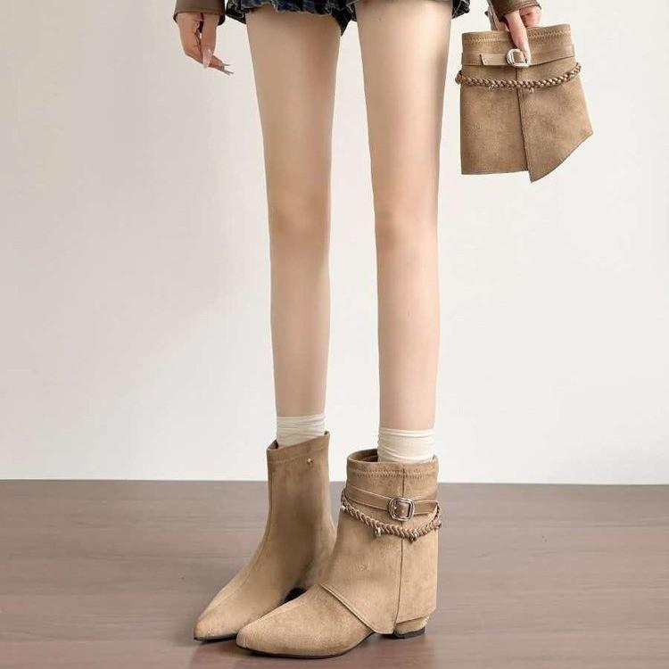 Retro suede pointed pile boots women's autumn and winter fashion sense short boots belt buckle trouser tube fashion boots removable