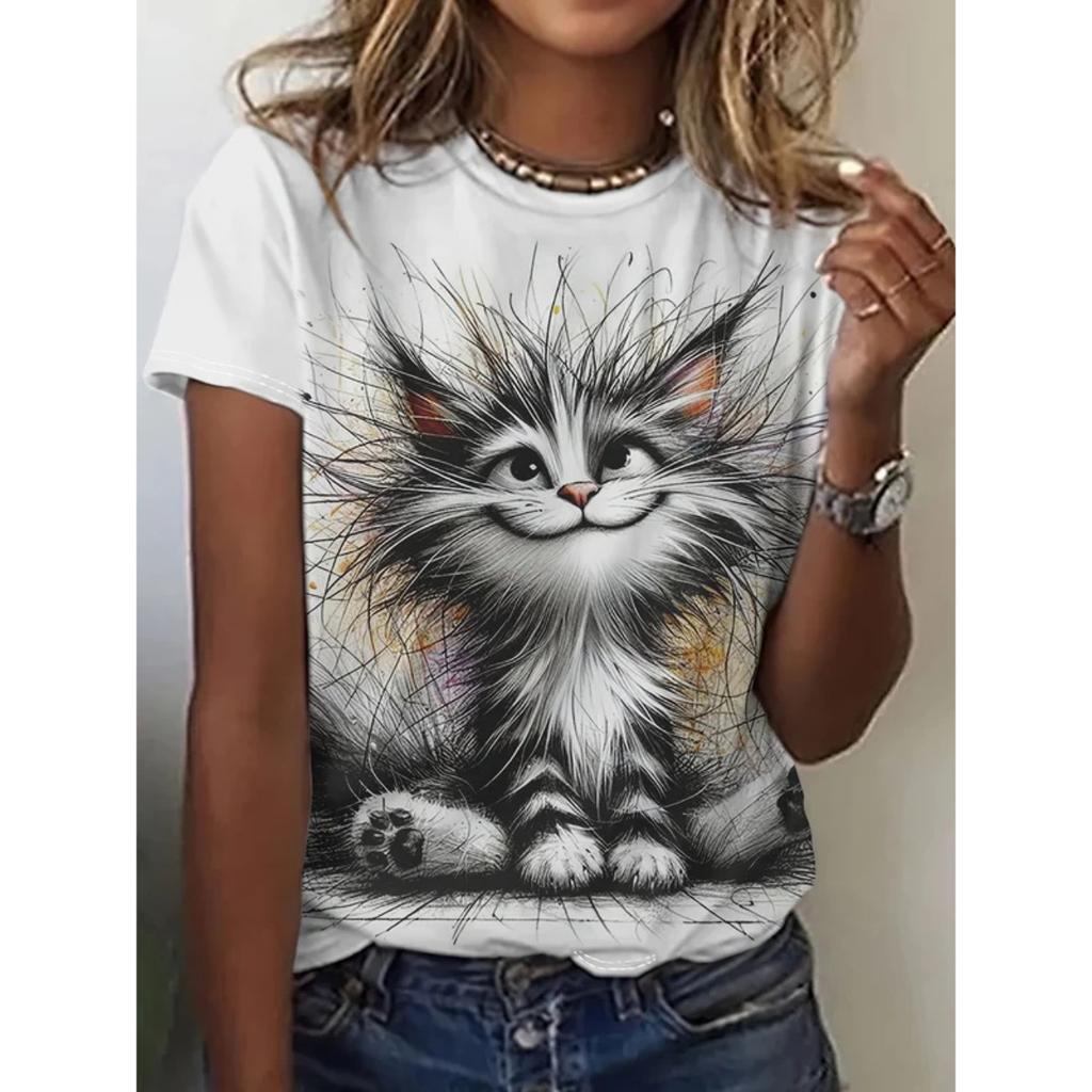 2025 Summer new women's 3D digital printed T-shirt creative animal pattern round neck casual short sleeve loose fashion top