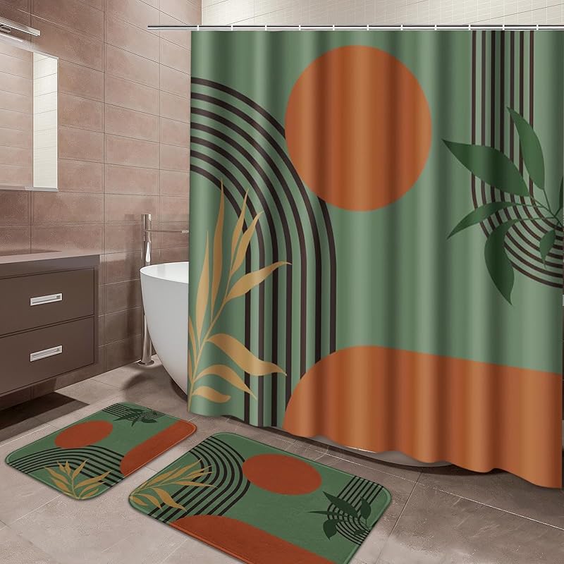 Red and Black Shower Curtain Set Geometric Bathroom Sets with Shower Curtain and Rugs, Grey and White Bathroom Shower Curtain Sets 3Pcs, Modern Red