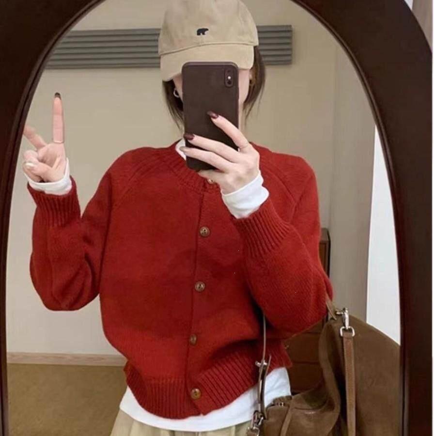 Women's Korean Style Round Neck Knit Cardigan Sweater - Loose Fit, Solid Color, Perfect for Autumn/Winter.