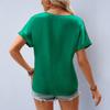 Women's Sading V-Neck Pocket Roll-up Short Sleeve Loose Top