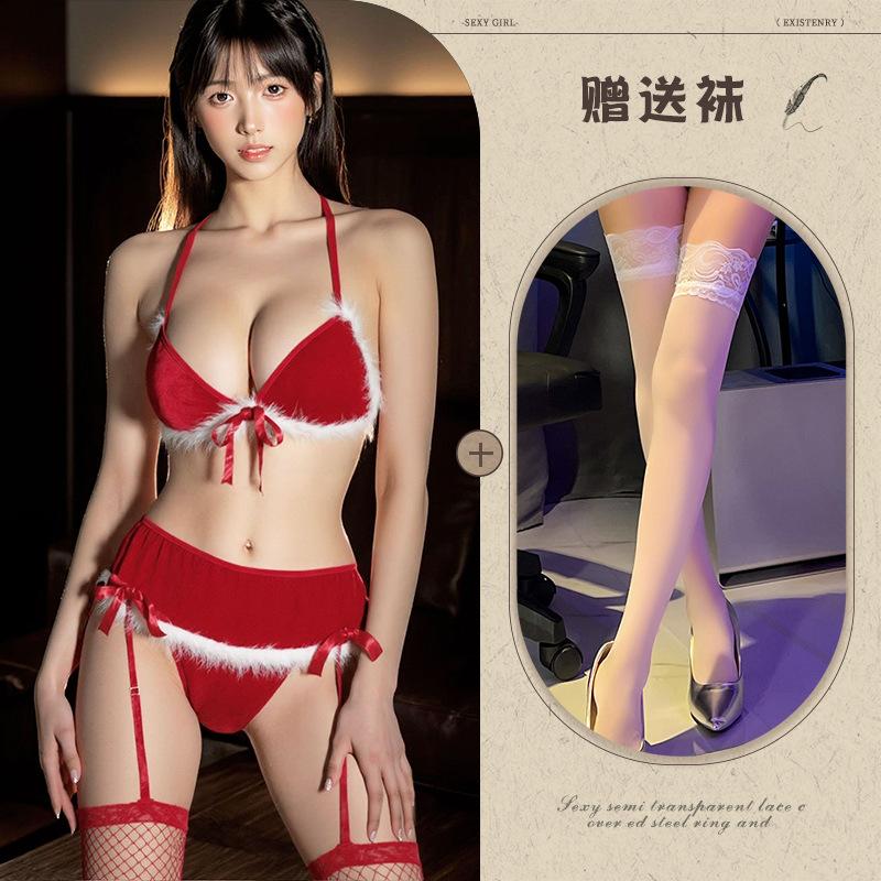 Sexy lingerie sexy christmas red gift seduction plush butterfly three-point garter