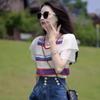 Summer New Striped Pullover Color Fashionable Design Sense Versatile Splicing Knitted Top Women's Chiffon Sleeves Round Neck Small Shirt Trendy