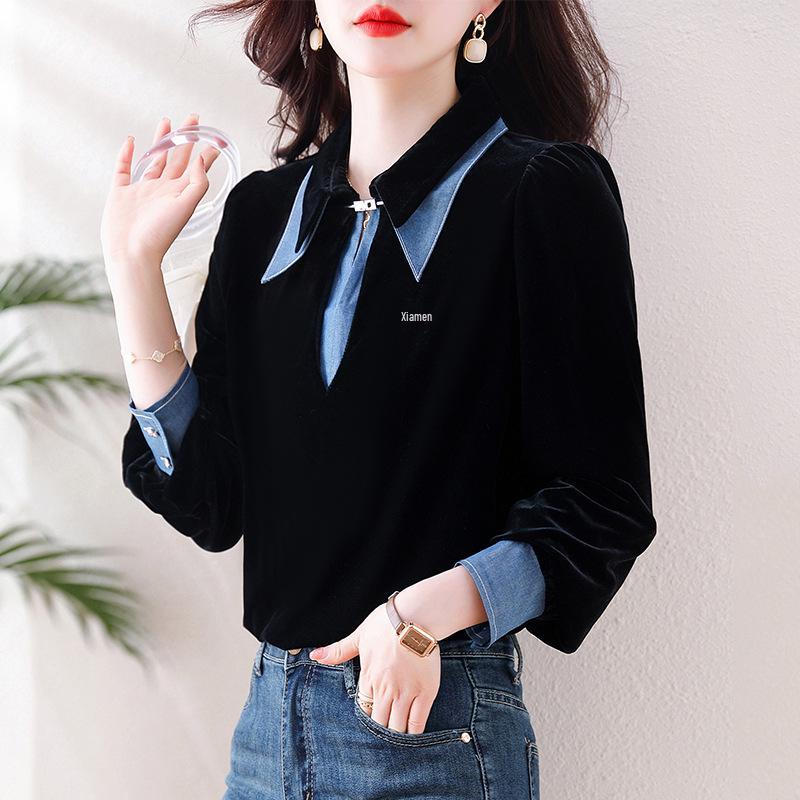 Women's Velvet Long Sleeve Denim Patchwork Two-Piece Shirt - Early Autumn 2023 Trend.