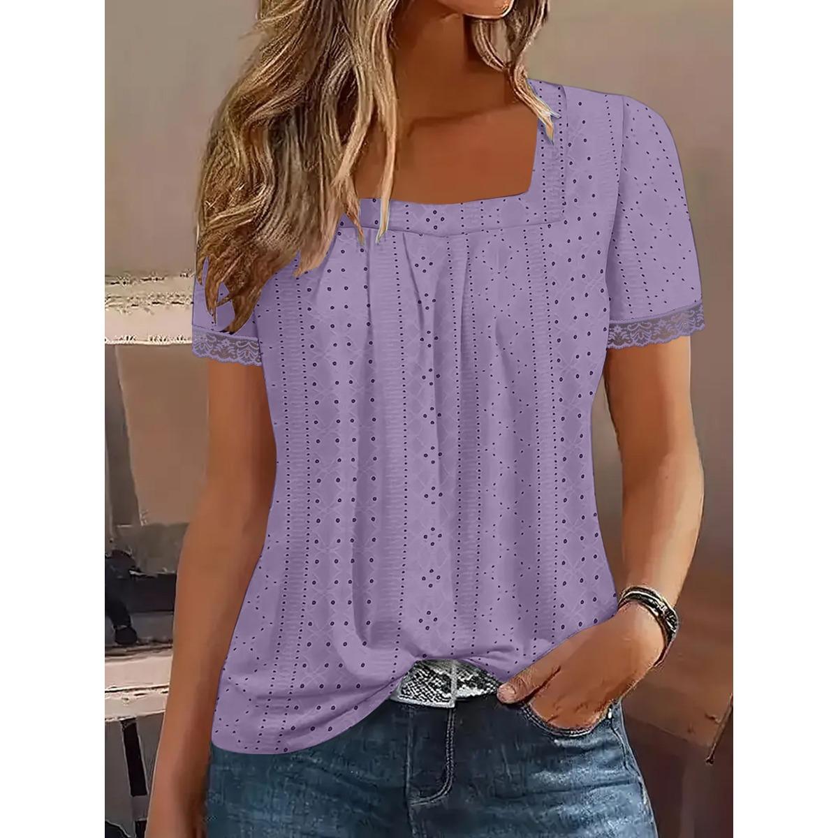 

Summer Women s Square Neck Short Sleeve Eyelet Jacquard Casual T-shirt Top, European American Fashion Crossbody New Arrival S лавандовый
