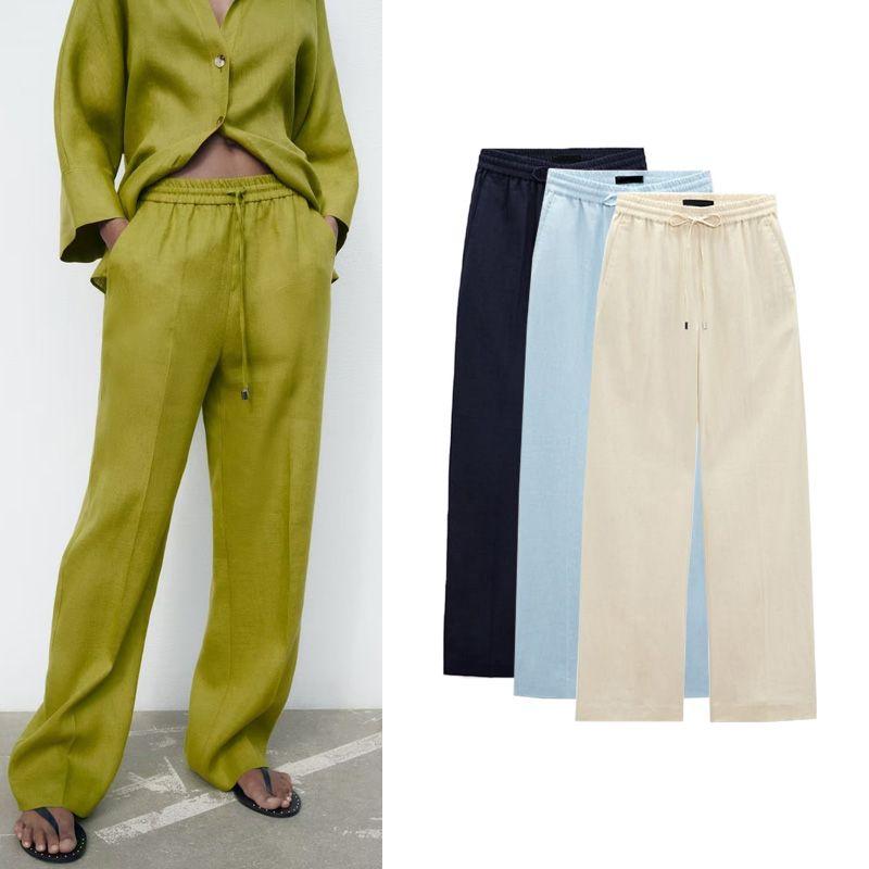 Spring New Arrival Mop Pants Linen Blended Stretch High Waist Wide Leg Pants 9929140 3067352