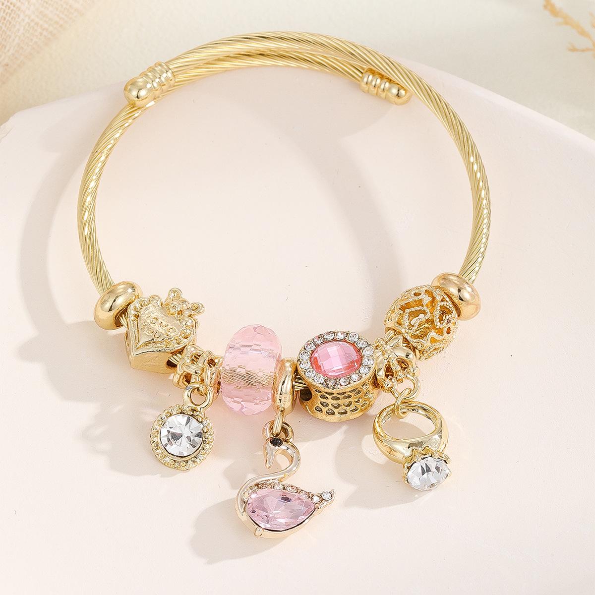 

Stainless Steel Bracelet - Fashionable, Sweet, Elegant - Crystal Heart Pendant - String Bead Bracelet pink