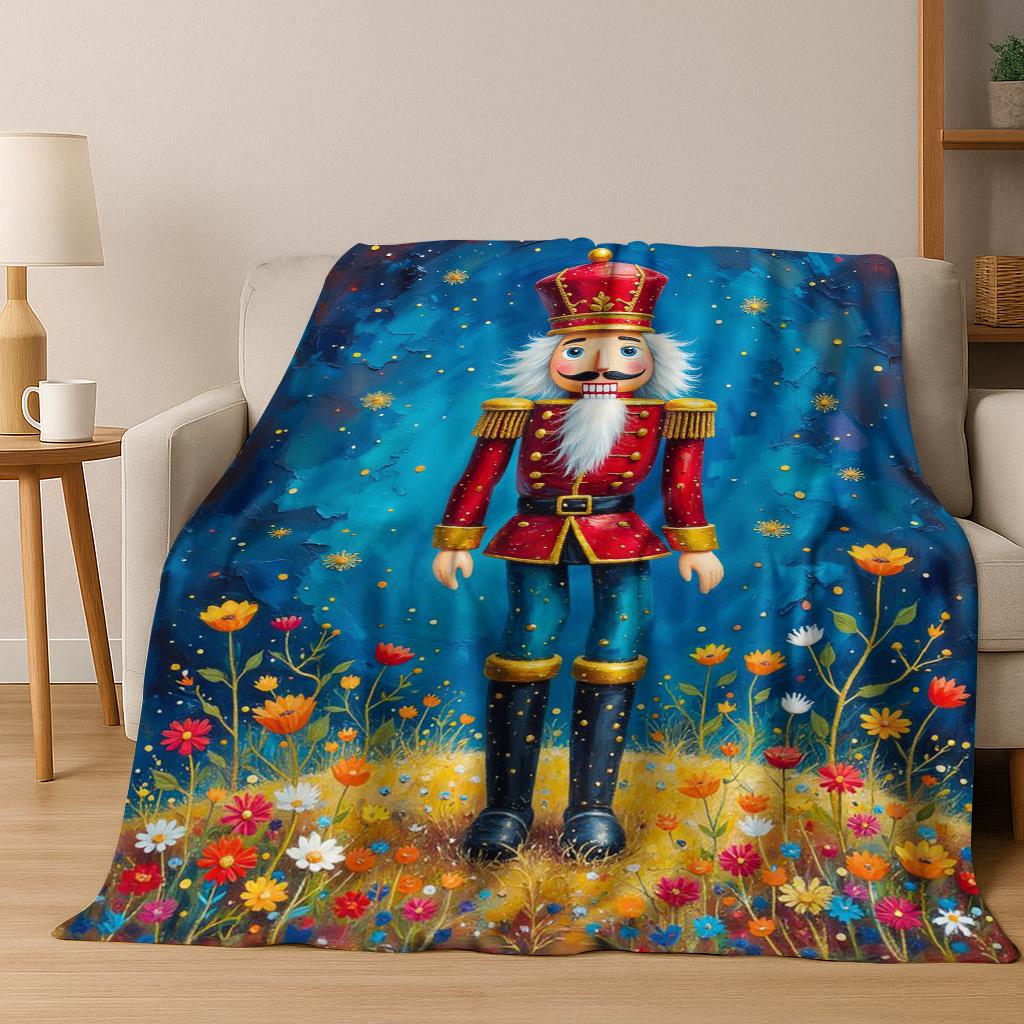 Frohe Weihnachten Baum Nussknacker Cartoon Puppe Neujahrsgeschenk Flanell Decke, Weiche Wohndecke für Zuhause Schlafzimmer Bett Sofa Kinder