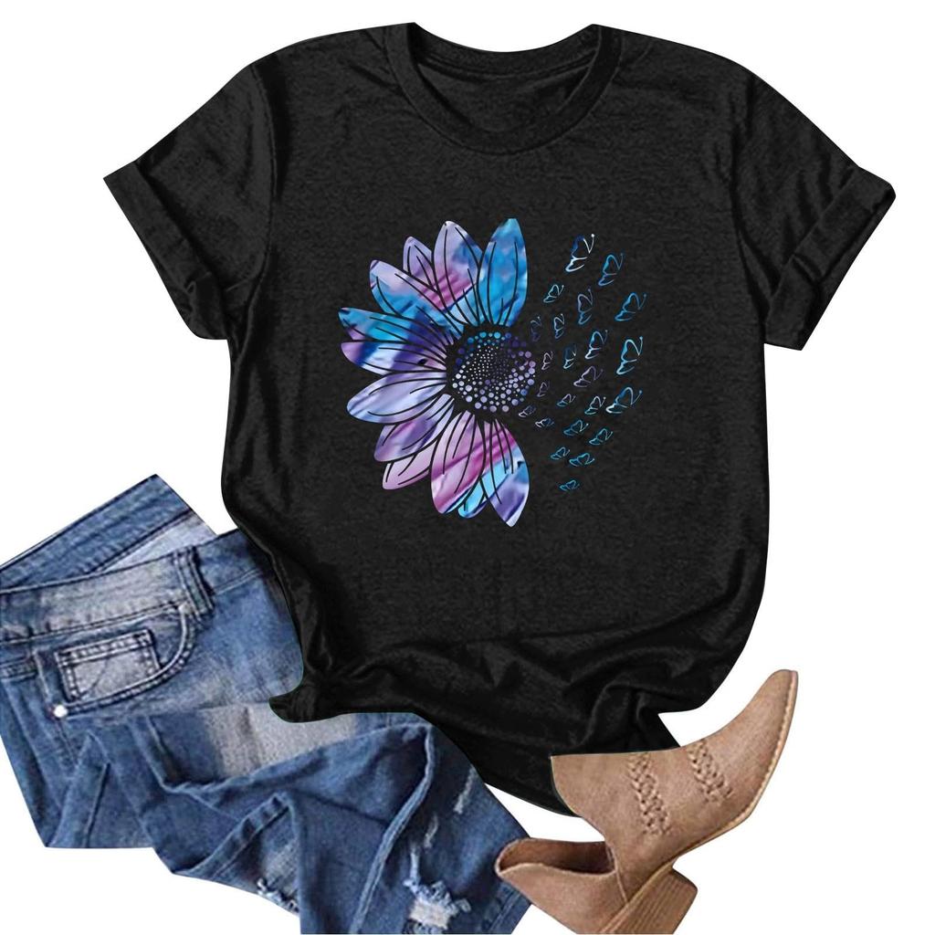 Women's Casual Floral Print Short Sleeved T-shirt With Round Neck  Top