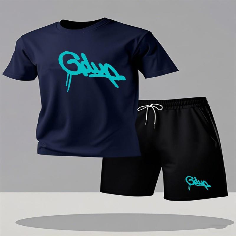 Youth Men's Fashionable Casual Sports Two-Piece Set Print Summer Short-Sleeved T-Shirt And Shorts Ensemble