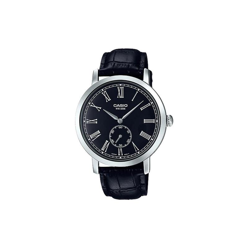 

Casio STANDARD series 50m waterproof quartz movement leather strap Japanese and Korean watch men s watch black dial MTP-E150L-1B чёрный
