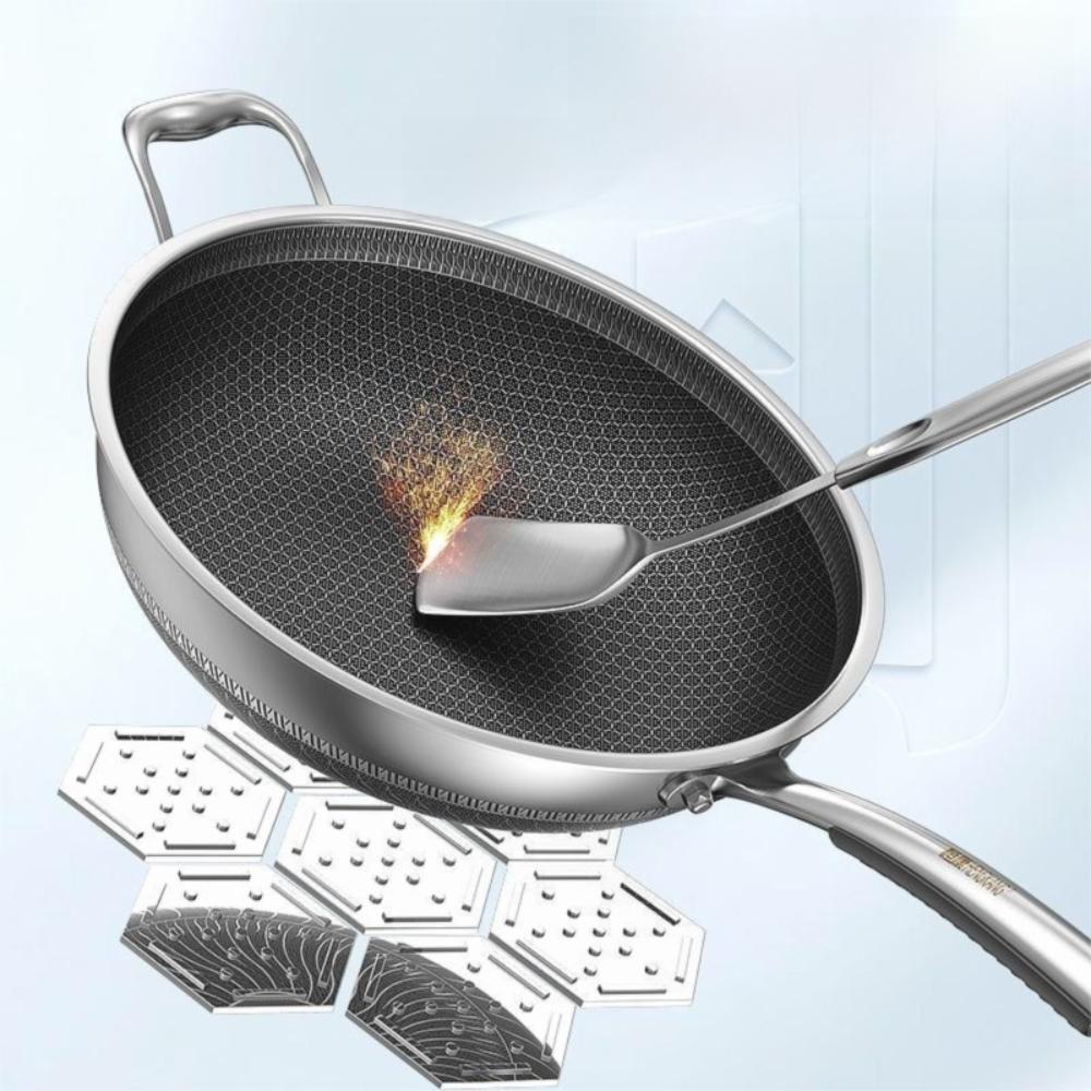 Non Stick 316 Stainless Steel Wok Non Coating Honeycomb Pot Pan Wok  Gas Induction Cooker