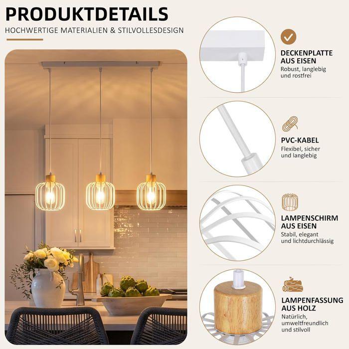 NETTLIFE Lustre à 3 ampoules en bois style moderne culot E27 blanc Convient pour la cuisine le salon et la chambre