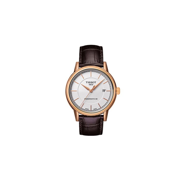 Tissot Men's Gold/White Carson Series Automatic Mechanical Movet Rose Leather Strap Mechanical Watch Watches Steel T085.407.36.011.00