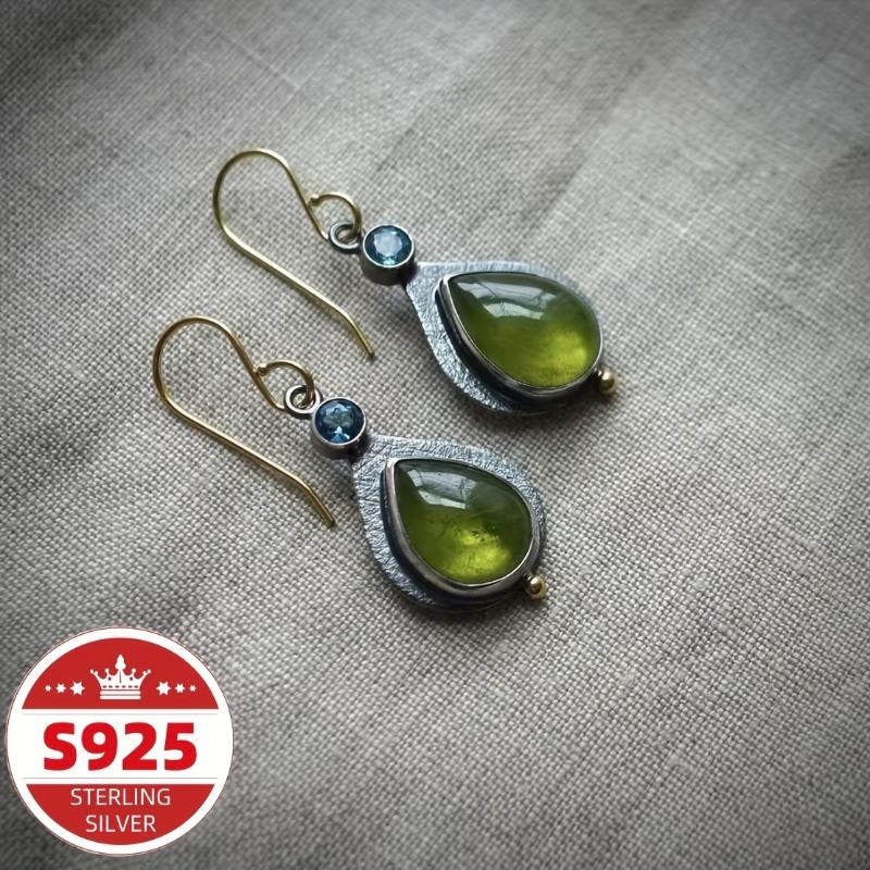 Sterling Silver Inlaid Green Stone Dangle Earrings, Vintage Jewelry for Women, Perfect Gift for Valentine's Day Mother's Day