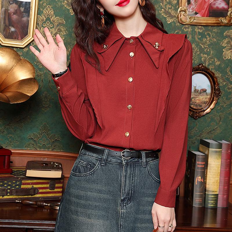

Ретро рубашка с длинным рукавом красного цвета в гонконгском стиле для женщин. Летний новый дизайн, нишевая, свободная, шикарная базовая блузка. 2XL