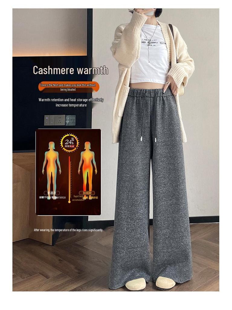 Autumn/Winter 2026 Women's High Waist Slim Fit Wide Leg Floor-Length Pants with Plus Velvet Cashmere.
