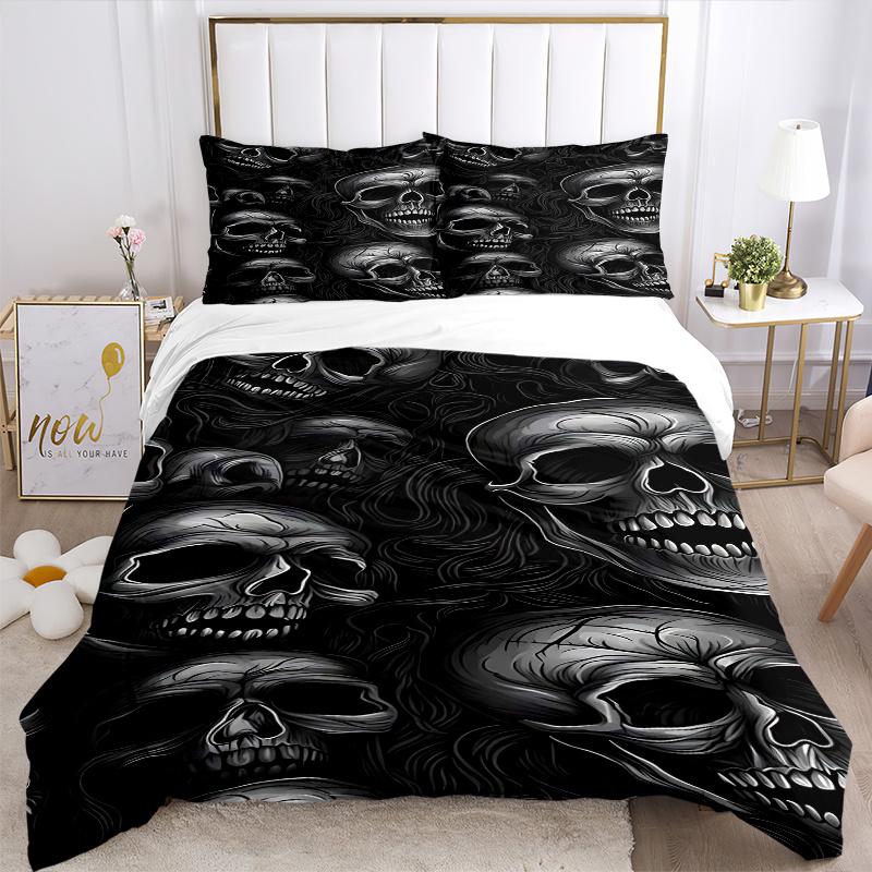 3pcs Skull Patterned Pillowcase Set - Includes One Quilt Cover and Two Pillowcases (No Core) - Home Decor, Festival Gift, Polyester Fabric, Anime Cart