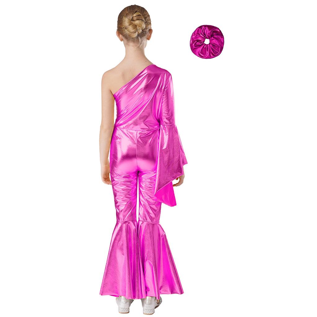 Fete Costum de Dans Lucios Pantaloni Clopot Mânecă Evazată Mânecă Un Umăr Jumpsuit Fashion Accesorii de Păr Piesă de Cap pentru Spectacole