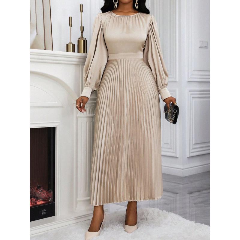 European & American Style Waist-Cinching Solid Color Pleated Dress - Loose Fit, Long-Sleeved, Summer Collection for Women