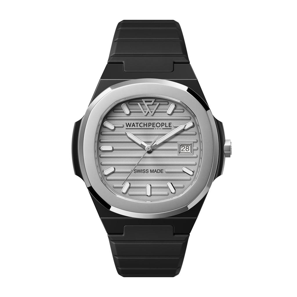 WATCHPEOPLE WP7 700940 Solid Si Men's Watch 43mm Aluminum Silver Black Silicone Strap Swiss Made Mineral Glass 10ATM Water Resistant Date