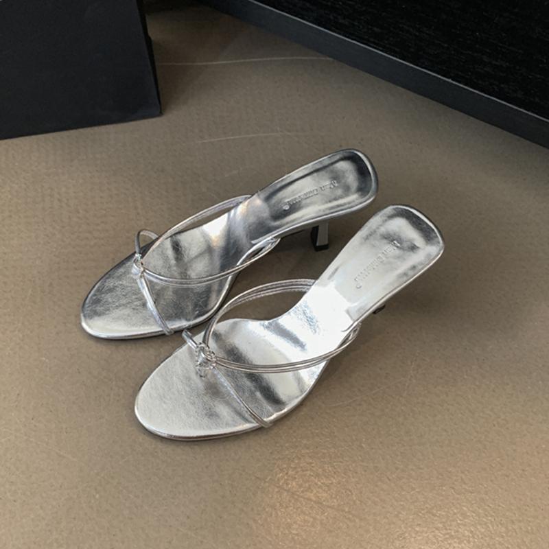 Mode SUOJIALUN 2025 Sommer Neu Damen Slipper Mode Schmaler Riemen Damen Elegant Sandalen Schuhe Dünner Hoher Absatz Kleid Slipper Flip Flop