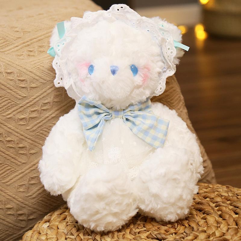 Cute White Bunny Plush Toys with Lace Headwear Soft Stuffed Animals Pillow Kids Birthday Gift Appease Pillow for Bedroom Decor