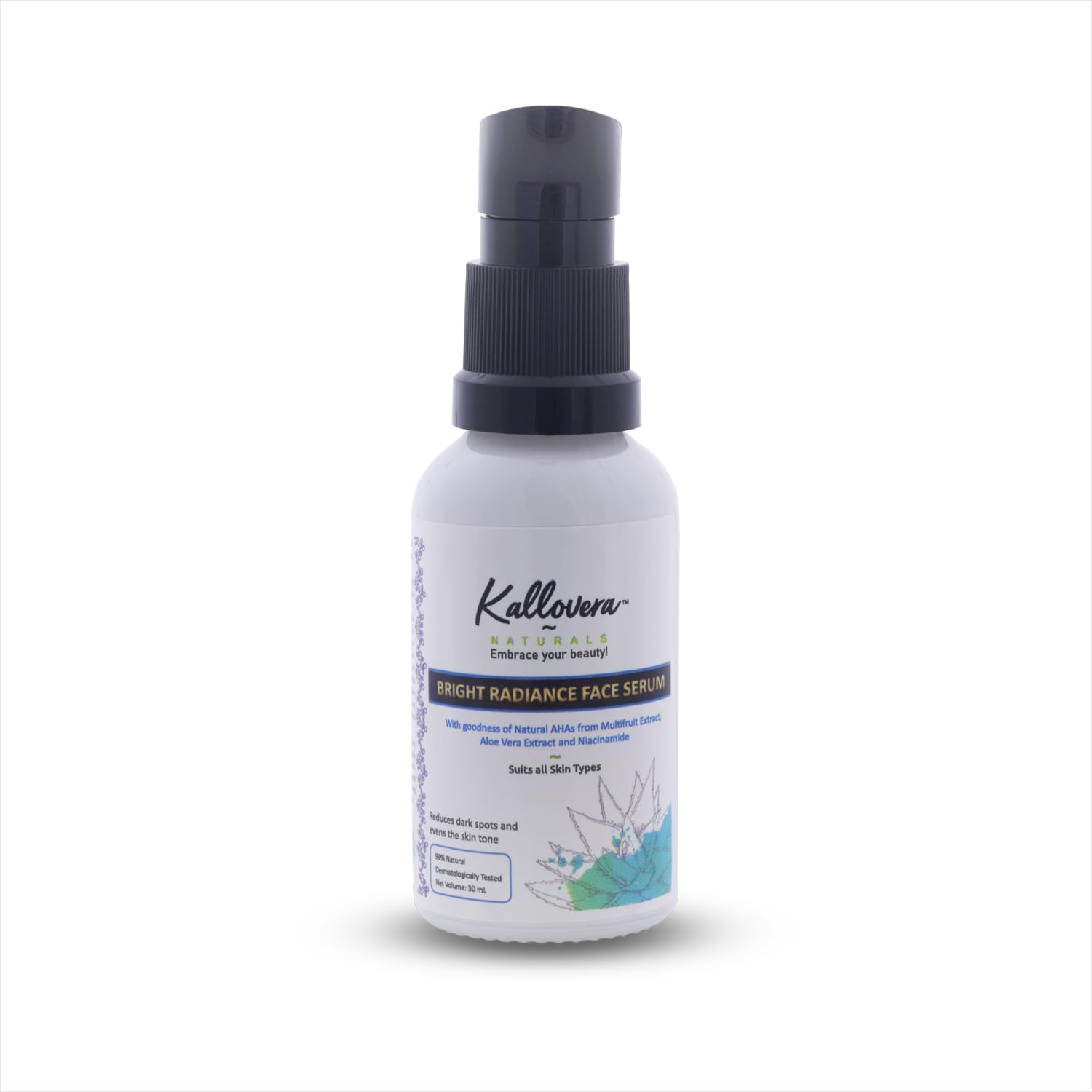 Kallovera Naturals Bright Radiance Face Serum | 99 % Natural with Goodness of Natural AHAs from Multifruit Extract, Aloe Vera Extract and Niacinami