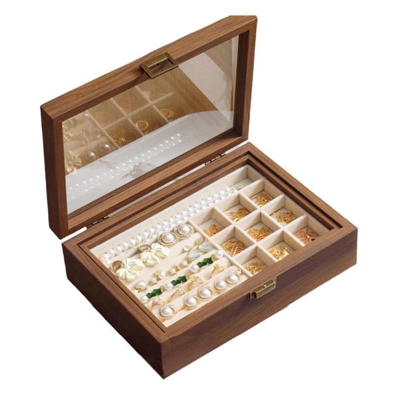 Walnut Wood Jewelry Organizer Box Moisture Proof Jewellery Holder Accessory Storage Container with Multiple Compartments