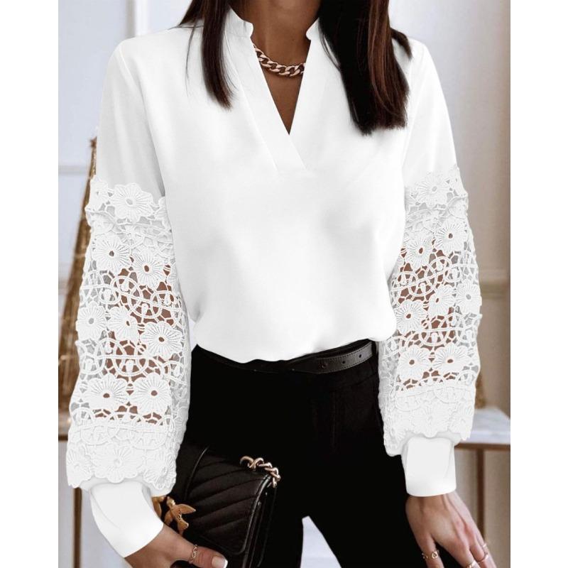 

women s Solid Color Gold Floral Sheer Mesh Long Sleeve V Neck Frill Collar Elegant Casual Blouse Shirt Top 2XL білий