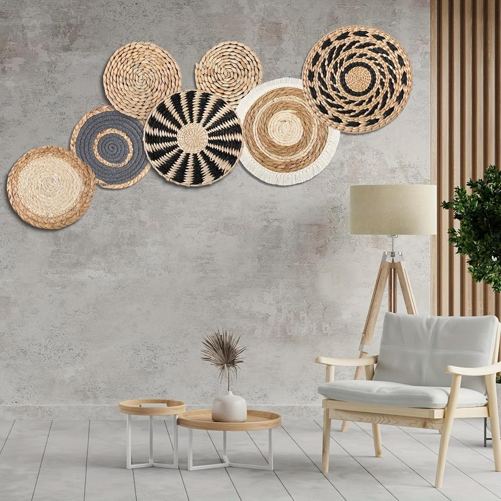 7pcs Bohemian Style Wall Basket Decoration Hanging Handcrafted Woven Sea Grass Basket Wall Decoration Round Bohemian Basket Wall