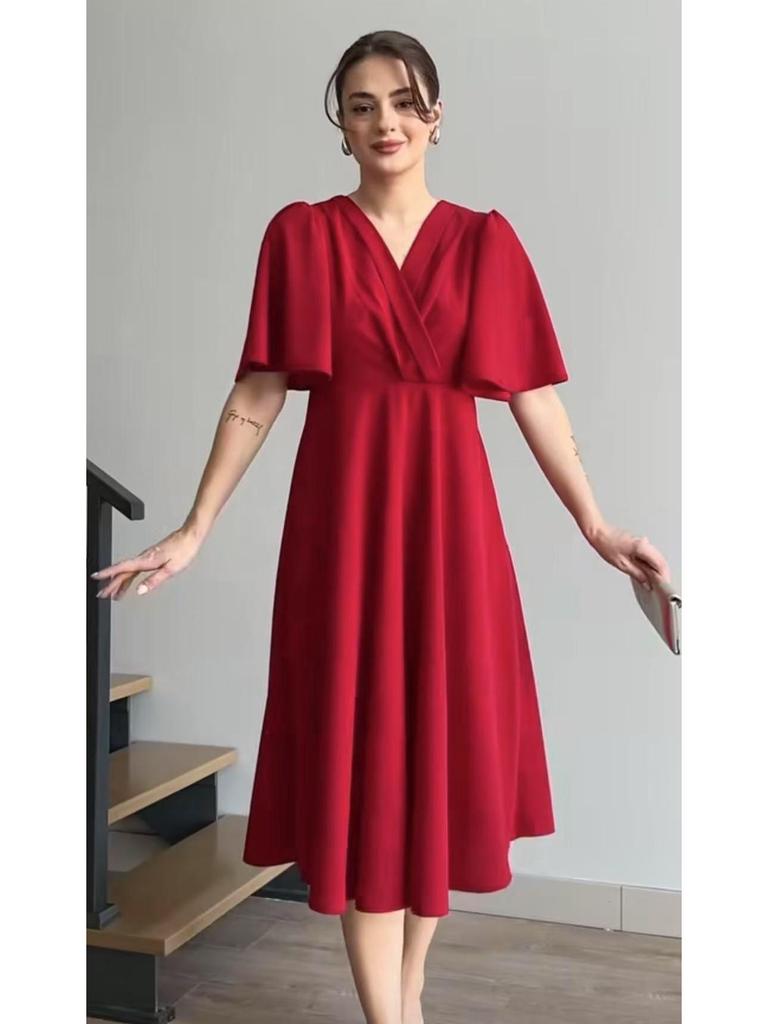 2025 Summer European & American Puff Sleeve V-Neck Waist-Gathering French Long Dress