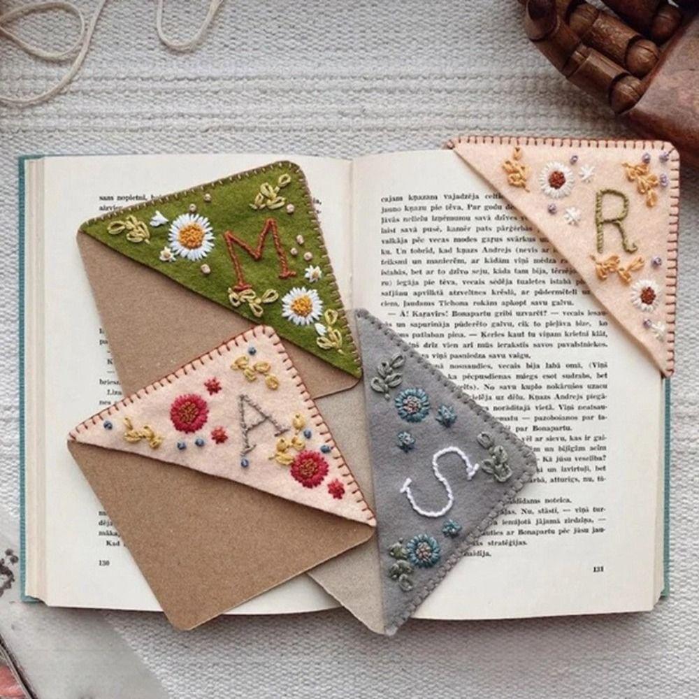 Flower Letter Embroidery Stitched Felt Corner Bookmark Felt Book Marker Clip Gift