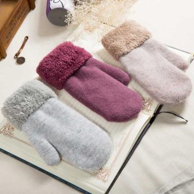 Winter Gloves Men's and Women's Double-layer Thickened Warm Solid Color Flanged Finger Gloves Super Thick Velvet Wool Finger Gloves