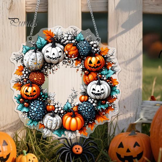 Durable Halloween Porch Decoration Pumpkin Pendant with Hanging Chain Waterproof Acrylic Welcome Front Door Sign for Window Wall Indoor Outdoor