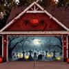 Halloween garage door banner featuring a spooky graveyard scene with bats, full moon and skull decorations