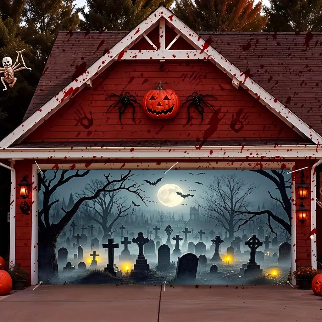 Halloween garage door banner featuring a spooky graveyard scene with bats, full moon and skull decorations