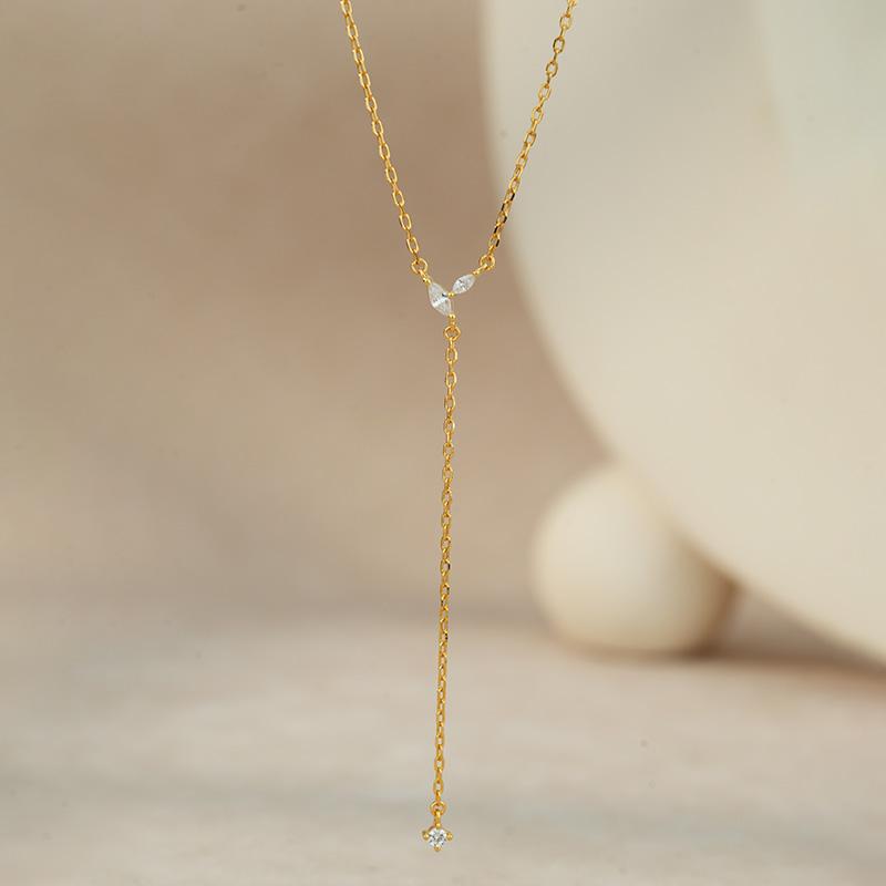 925 Sterling Silver Marquise Zircon Four Leaf Clover Lariat Y Long Tassel Chain Necklace